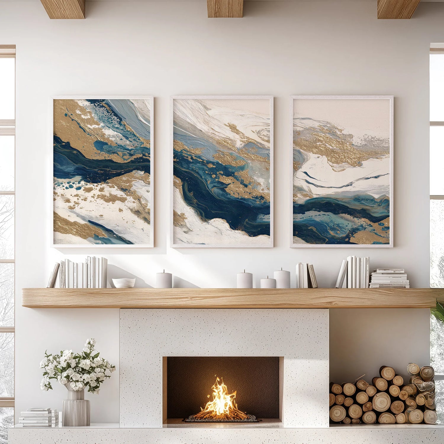 Gold &amp; Blue Brush Strokes. Luxury 3 Piece Abstract Wall Art