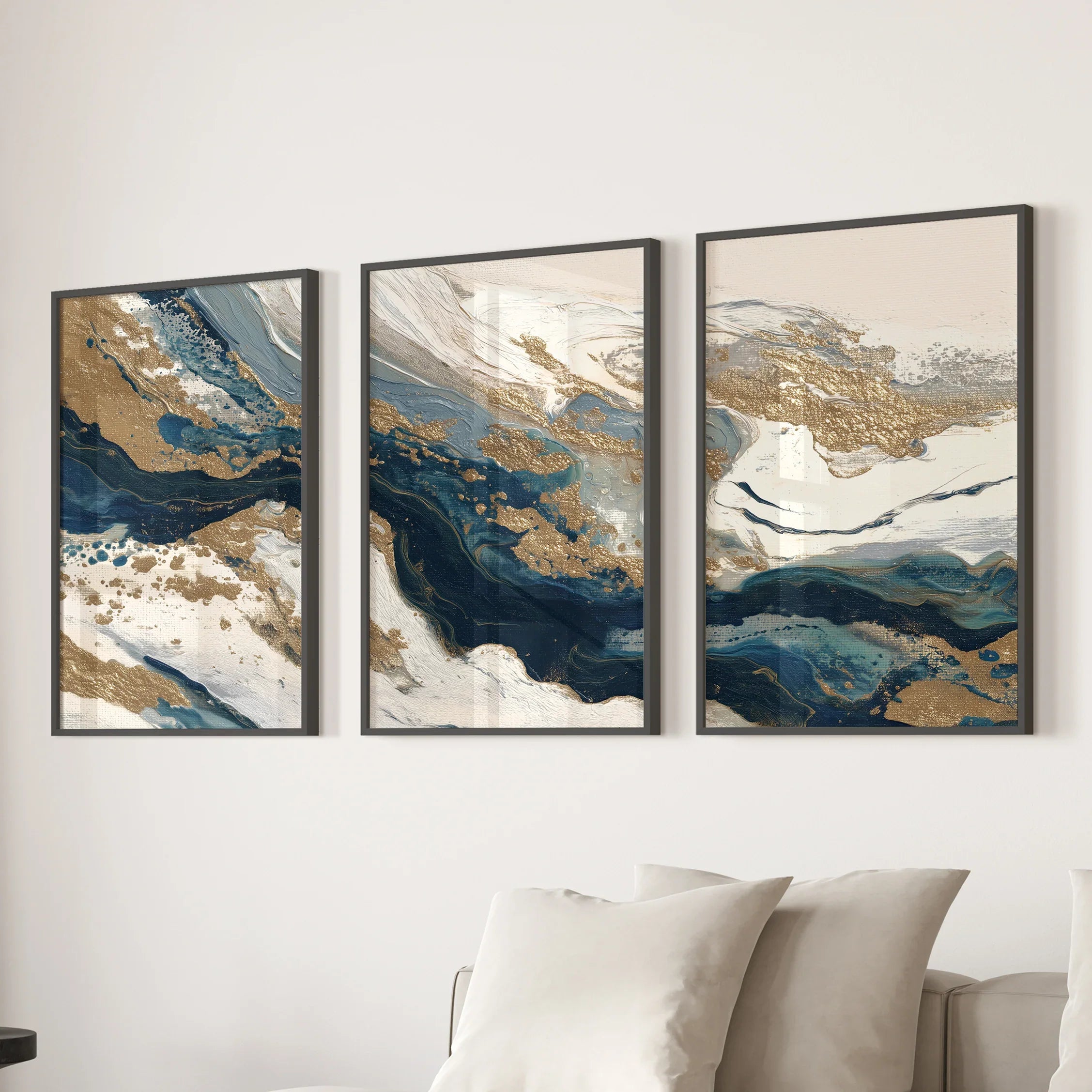 Gold &amp; Blue Brush Strokes. Luxury 3 Piece Abstract Wall Art