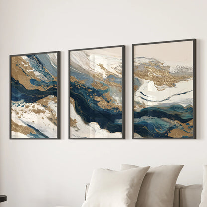 Gold &amp; Blue Brush Strokes. Luxury 3 Piece Abstract Wall Art