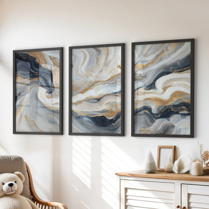 3 Piece Modern Abstract Marble Wall Art: Navy Blue and Gold