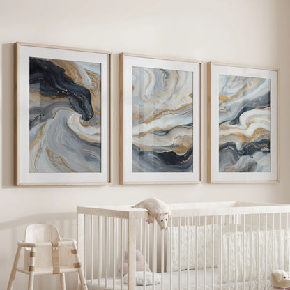 3 Piece Modern Abstract Marble Wall Art: Navy Blue and Gold