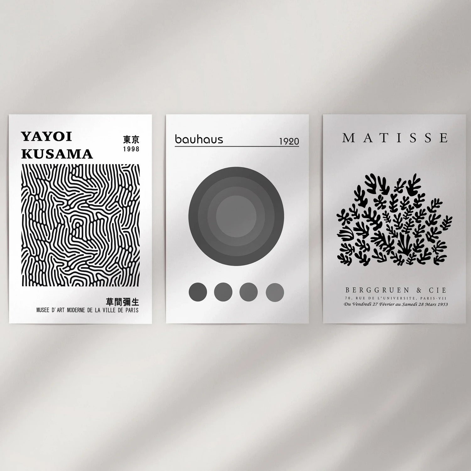 Black White Kusama, Matisse, Bauhaus Posters. Art Set of 3
