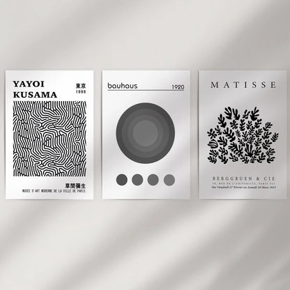 Black White Kusama, Matisse, Bauhaus Posters. Art Set of 3