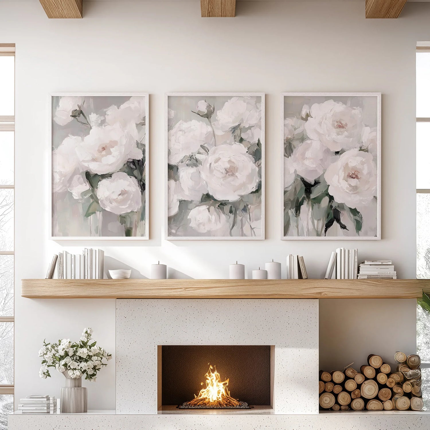 Romantic White Flower 3 Piece Wall Art. Peony Painting Print
