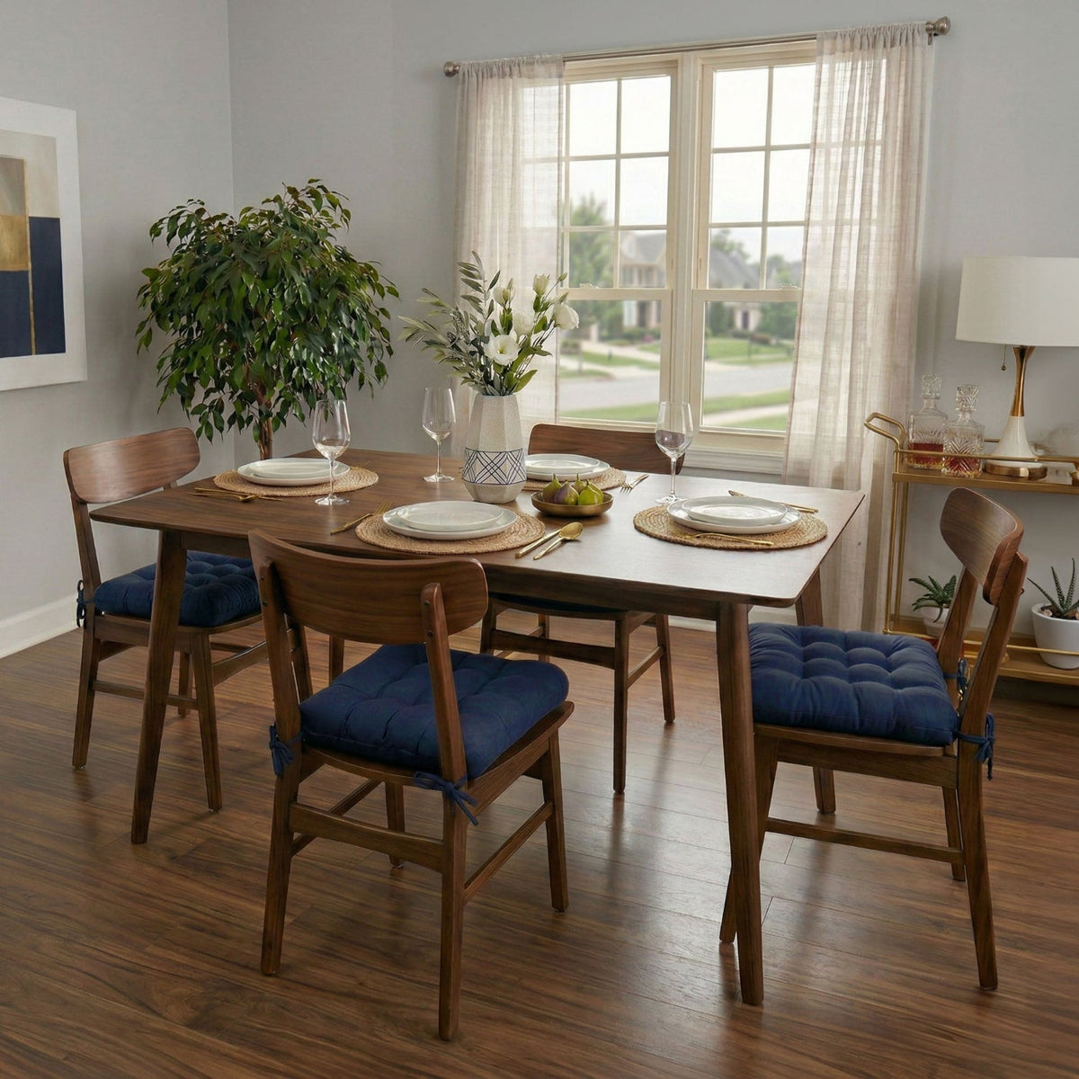 Cotton Duck Navy Blue Solid Color Dining Chair Pads  - Made in USA - 100% Cotton - Machine Washable