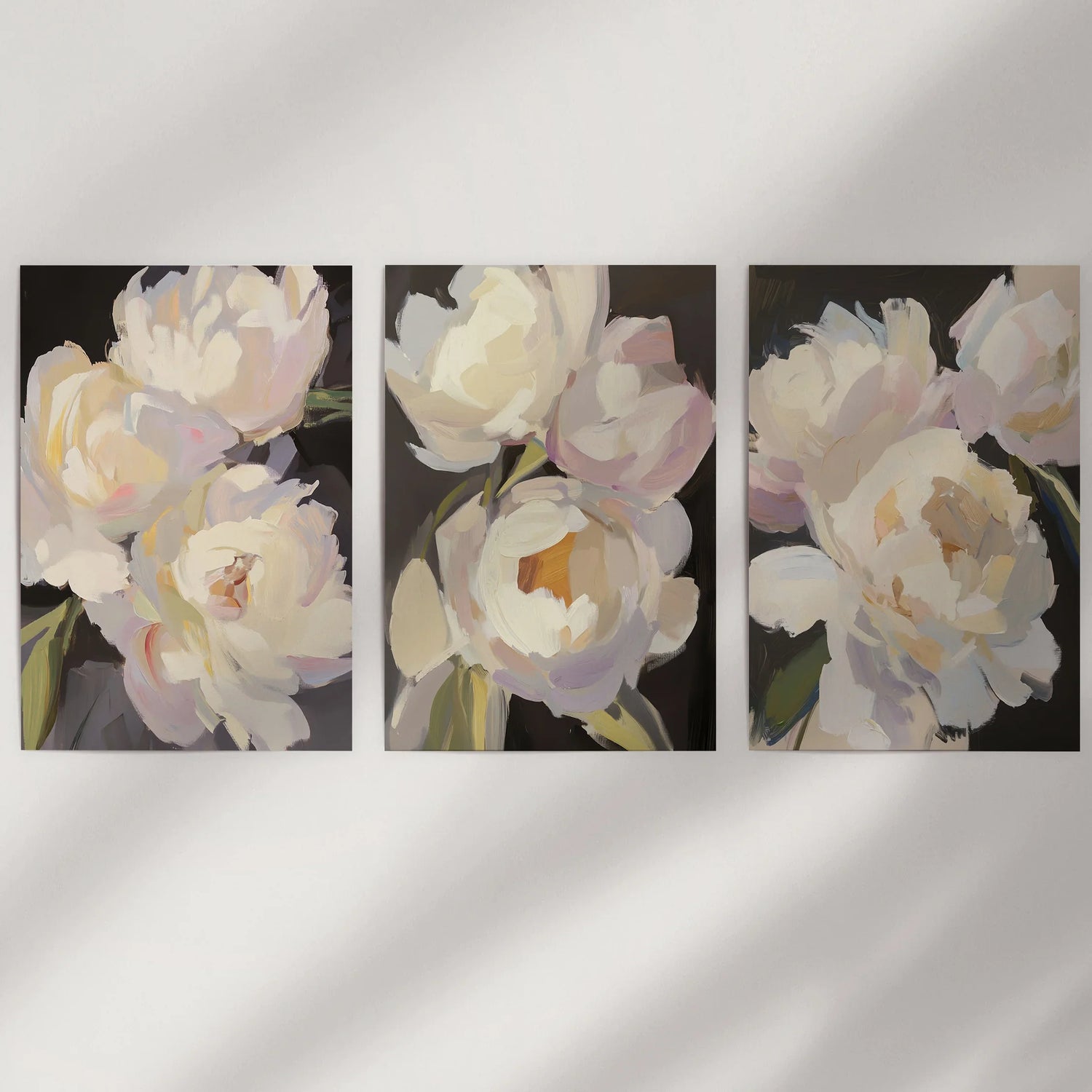 Moody Pink and White Peonies Art. Floral Set of 3 Prints