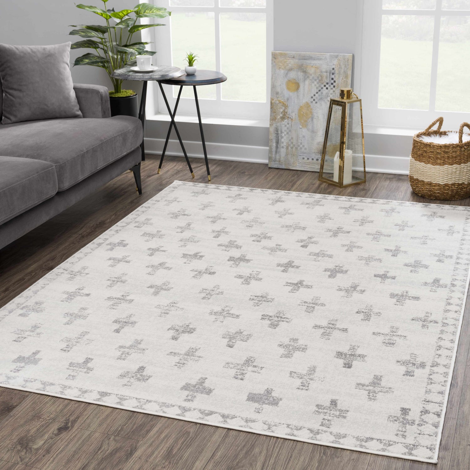 Tigris Swiss Cross Ivory&amp;Gray Area Rug