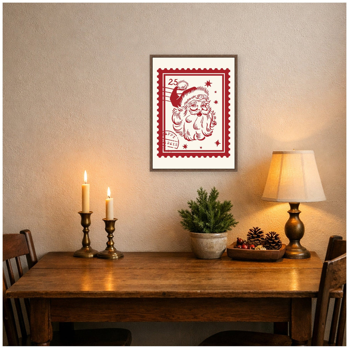 Retro Santa Christmas Stamp by Lucky Guava Framed Canvas Wall Art Print