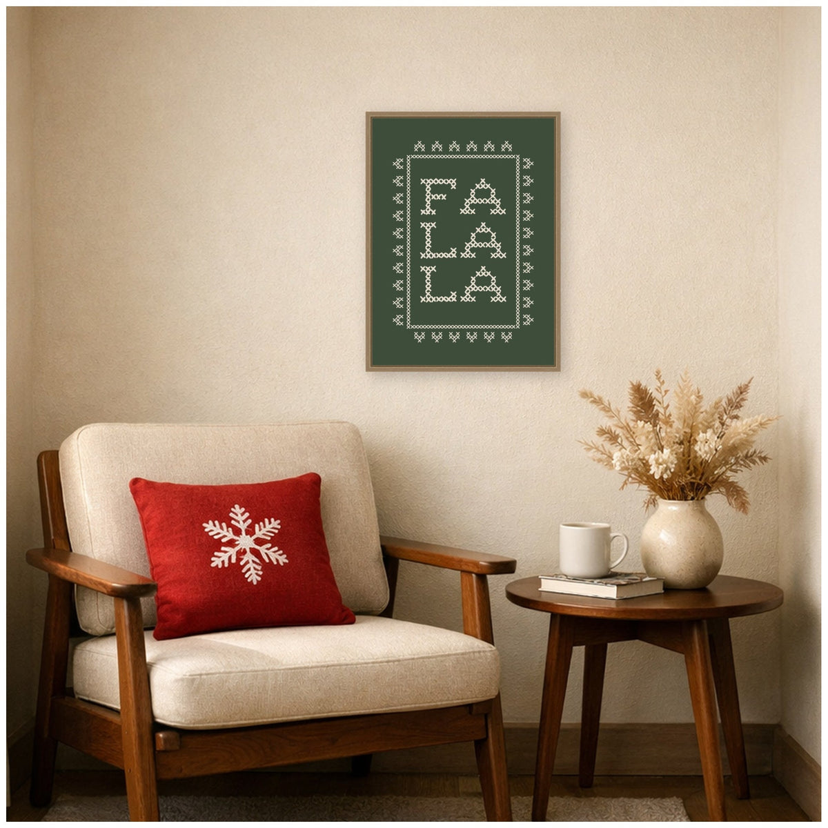 Fa La La Cross Stitch Green by Kikiandnim Framed Canvas Wall Art Print
