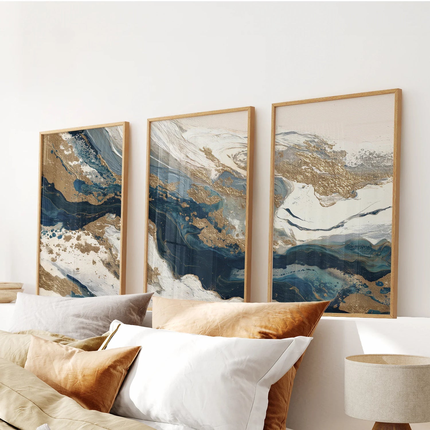 Gold &amp; Blue Brush Strokes. Luxury 3 Piece Abstract Wall Art