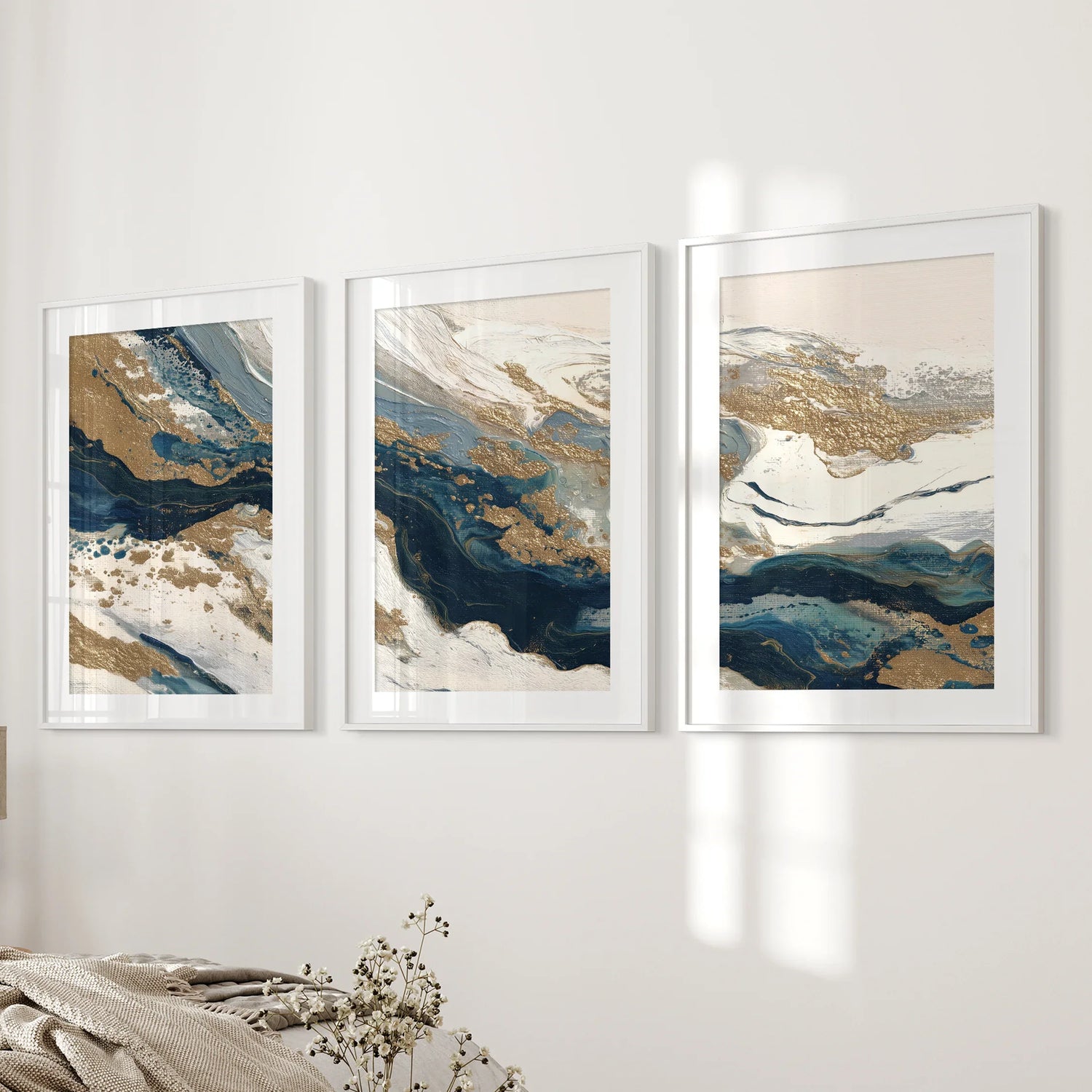 Gold &amp; Blue Brush Strokes. Luxury 3 Piece Abstract Wall Art