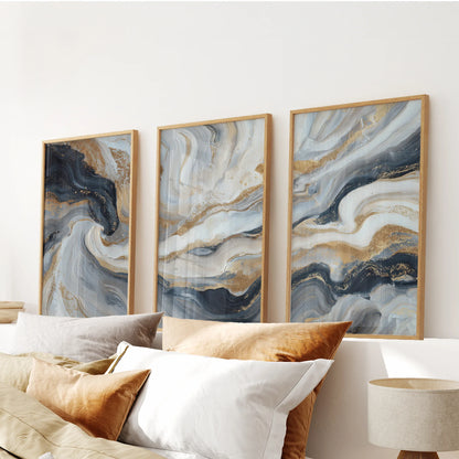 3 Piece Modern Abstract Marble Wall Art: Navy Blue and Gold