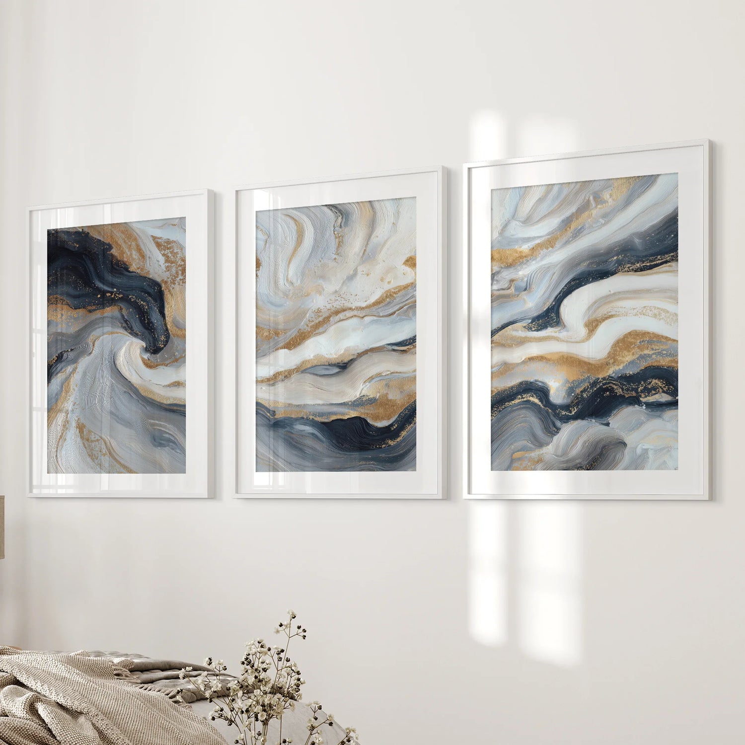 3 Piece Modern Abstract Marble Wall Art: Navy Blue and Gold