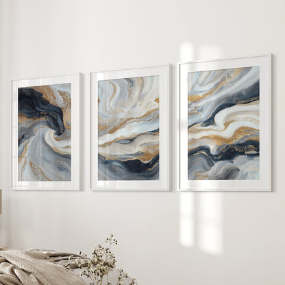 3 Piece Modern Abstract Marble Wall Art: Navy Blue and Gold