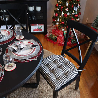 Farmhouse Check Black &amp; White Checked Chair Pad - Made in USA - 100% Cotton - Machine Washable
