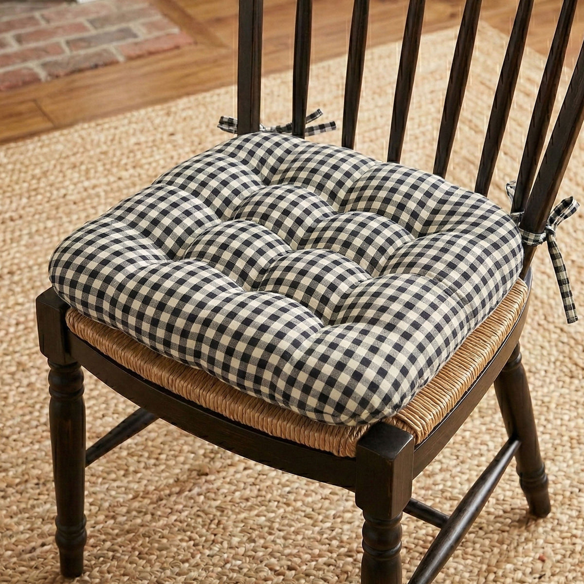 Farmhouse Check Black &amp; White Checked Chair Pad - Made in USA - 100% Cotton - Machine Washable