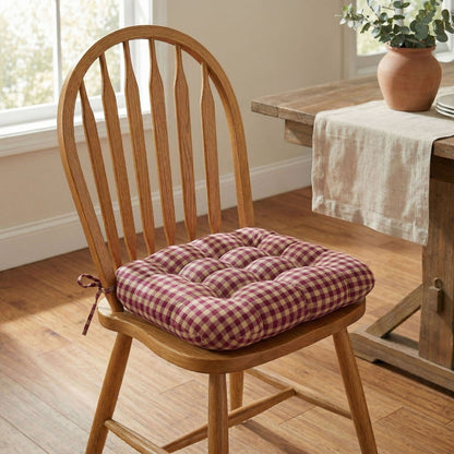 Farmhouse Check Dark Red &amp; Tan Dining Chair Pads - Made in USA - 100% Cotton - Machine Washable