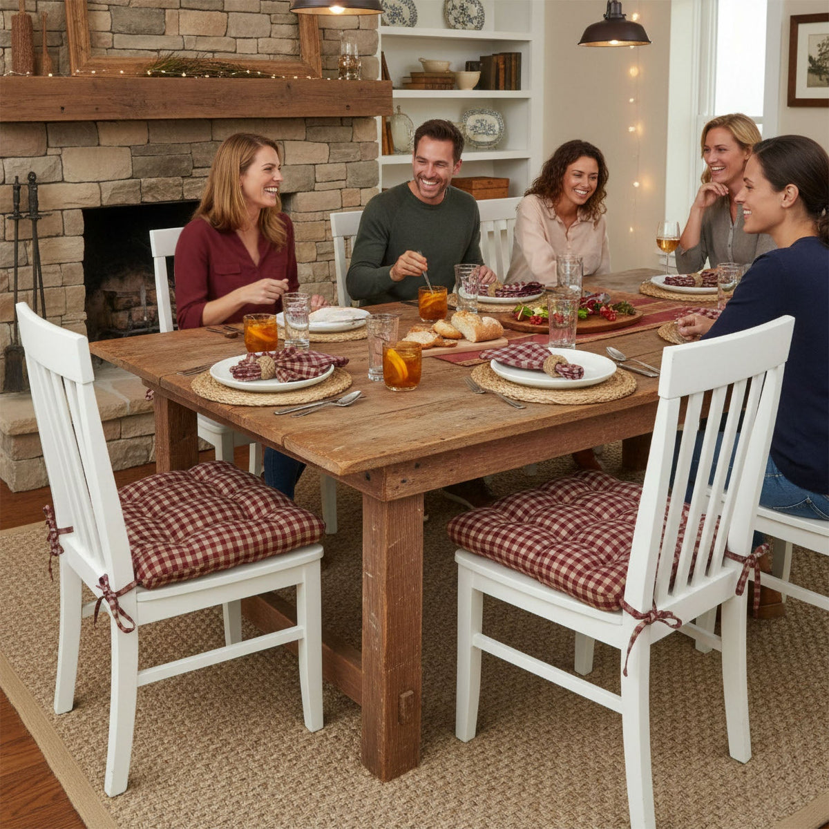Farmhouse Check Dark Red &amp; Tan Dining Chair Pads - Made in USA - 100% Cotton - Machine Washable