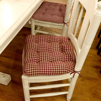 Farmhouse Check Dark Red &amp; Tan Dining Chair Pads - Made in USA - 100% Cotton - Machine Washable