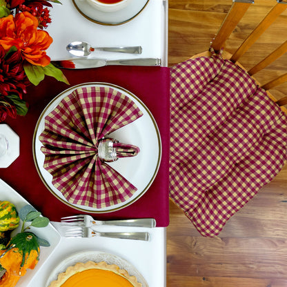 Farmhouse Check Dark Red &amp; Tan Dining Chair Pads - Made in USA - 100% Cotton - Machine Washable