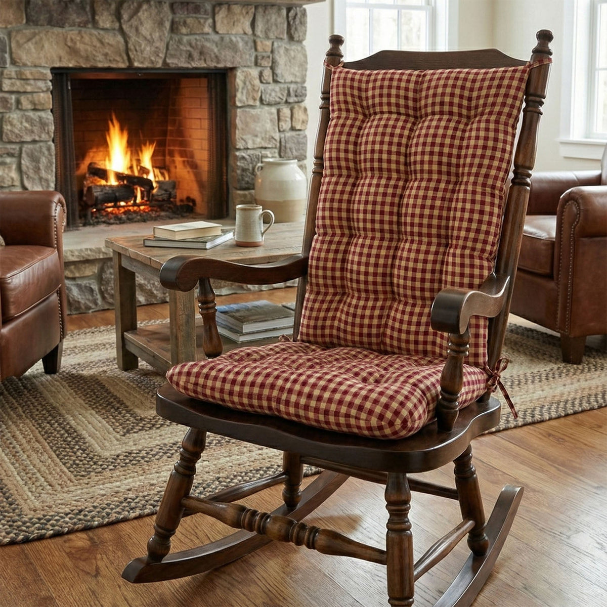 Farmhouse Check Dark Red &amp; Tan Checkered Rocking Chair Cushions - Made in USA