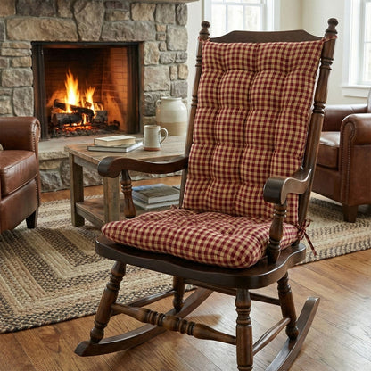 Farmhouse Check Dark Red &amp; Tan Checkered Rocking Chair Cushions - Made in USA