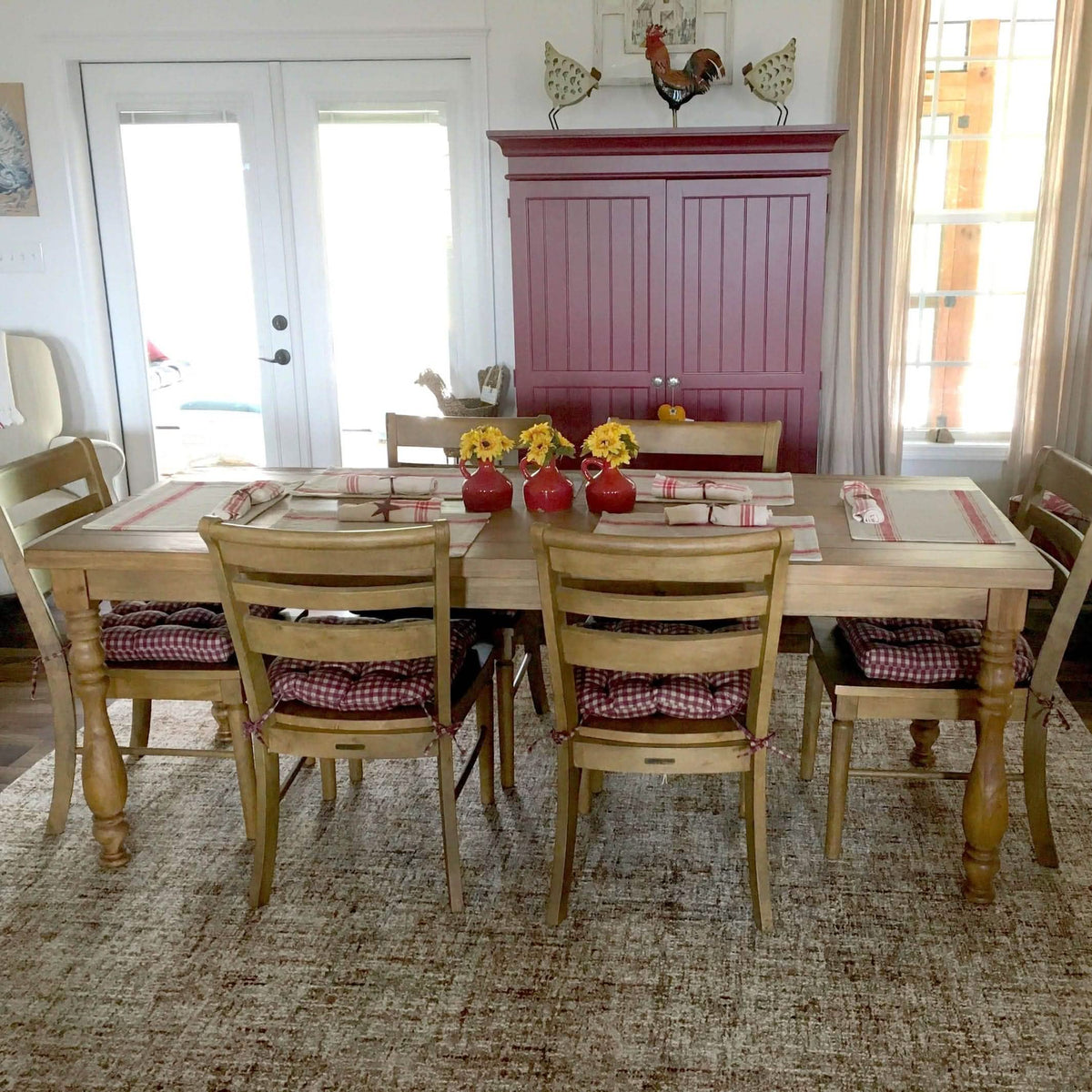 Farmhouse Check Dark Red &amp; Tan Dining Chair Pads - Made in USA - 100% Cotton - Machine Washable