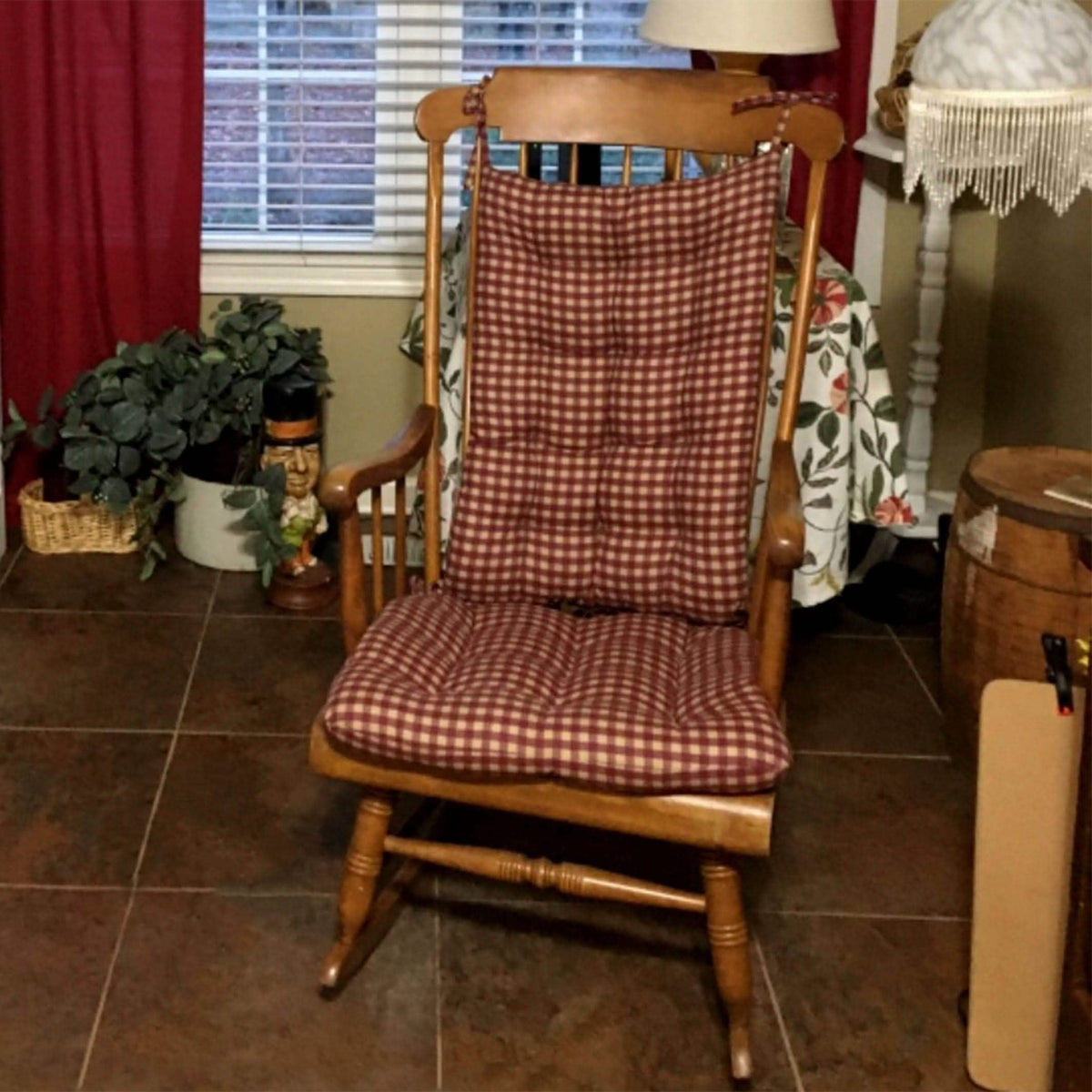 Farmhouse Check Dark Red &amp; Tan Checkered Rocking Chair Cushions - Made in USA