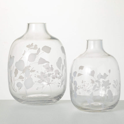 ETCHED CLEAR GLASS VASE SET 2