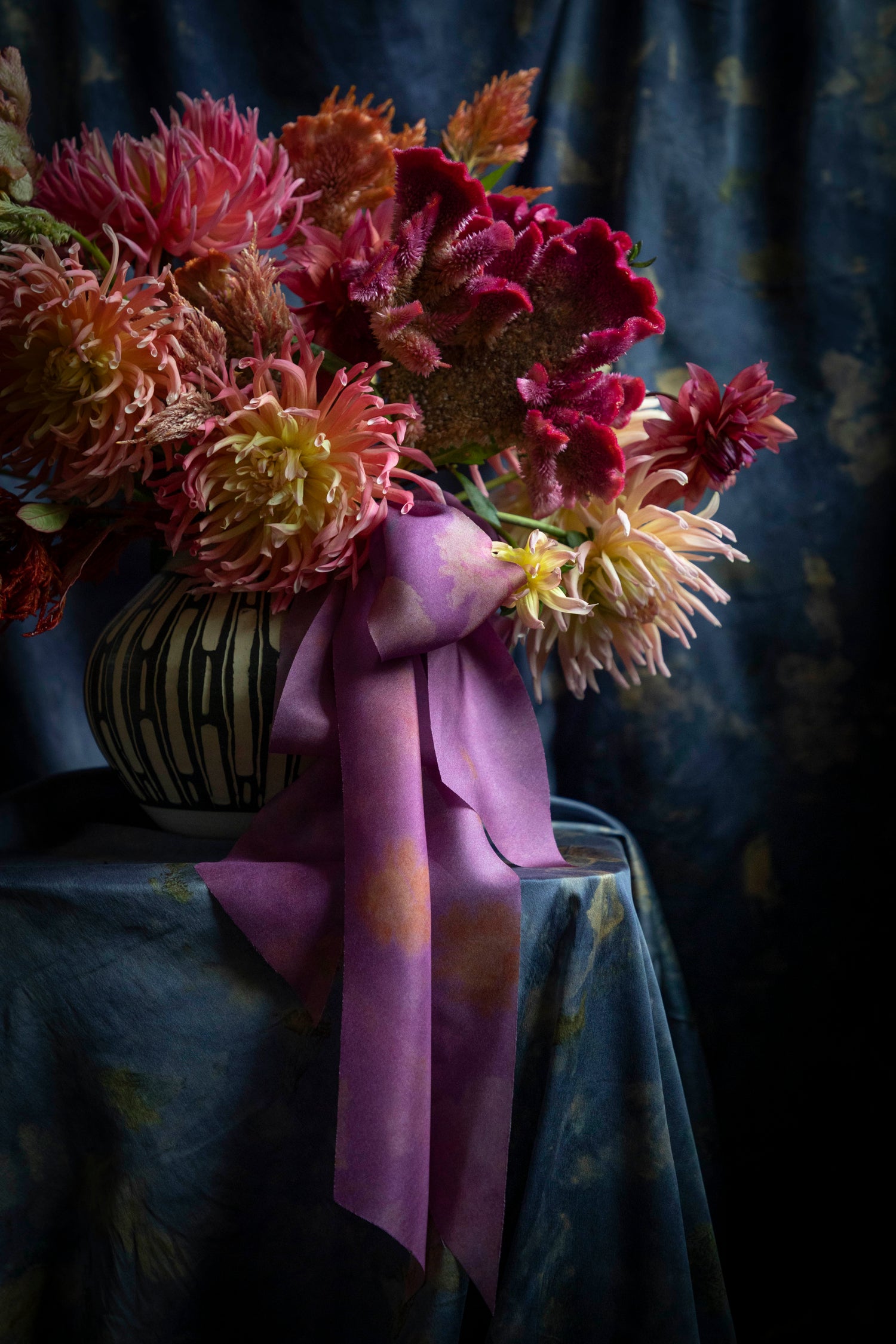Hot Peony Botanical Print Silk Ribbon