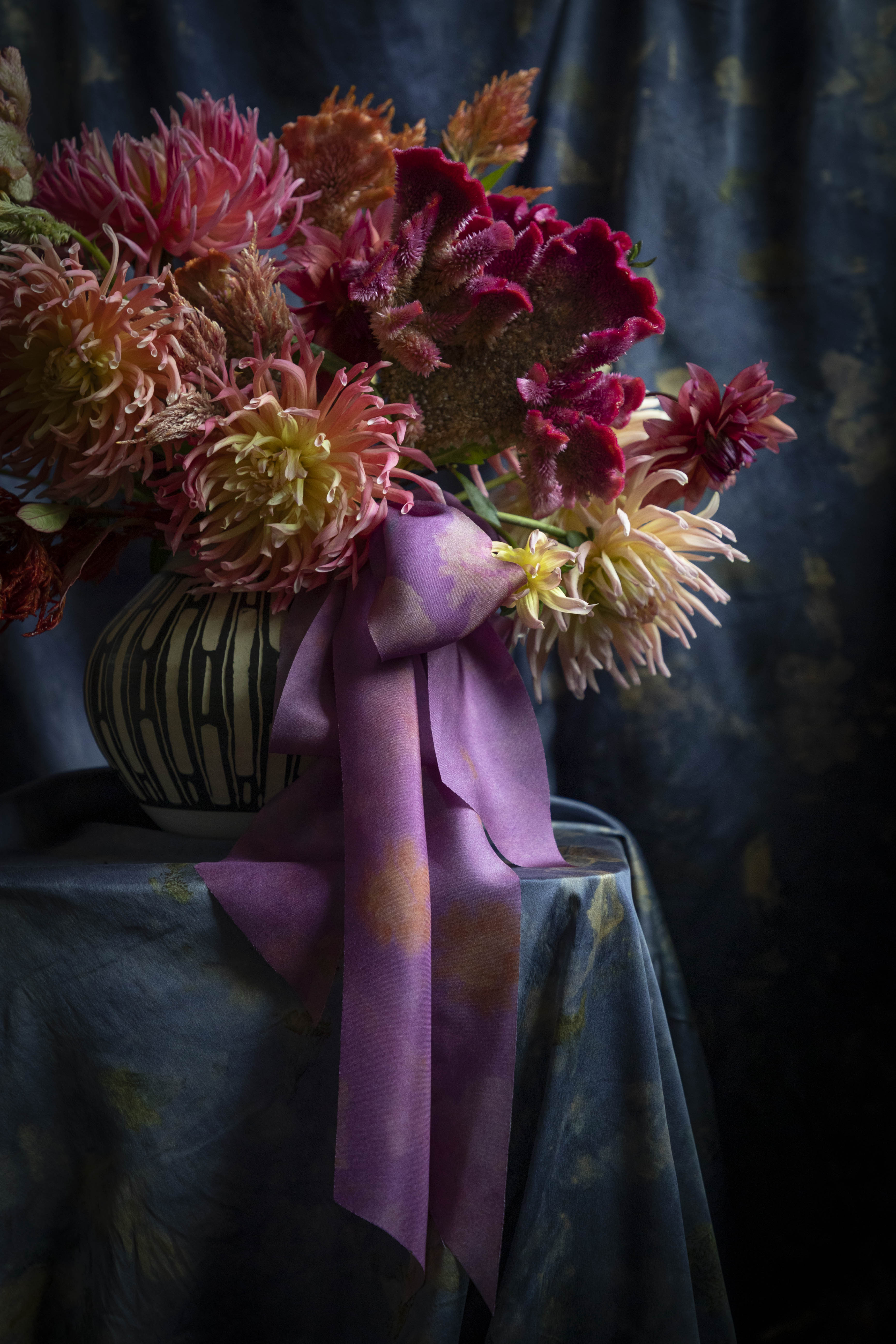 Hot Peony Botanical Print Silk Ribbon