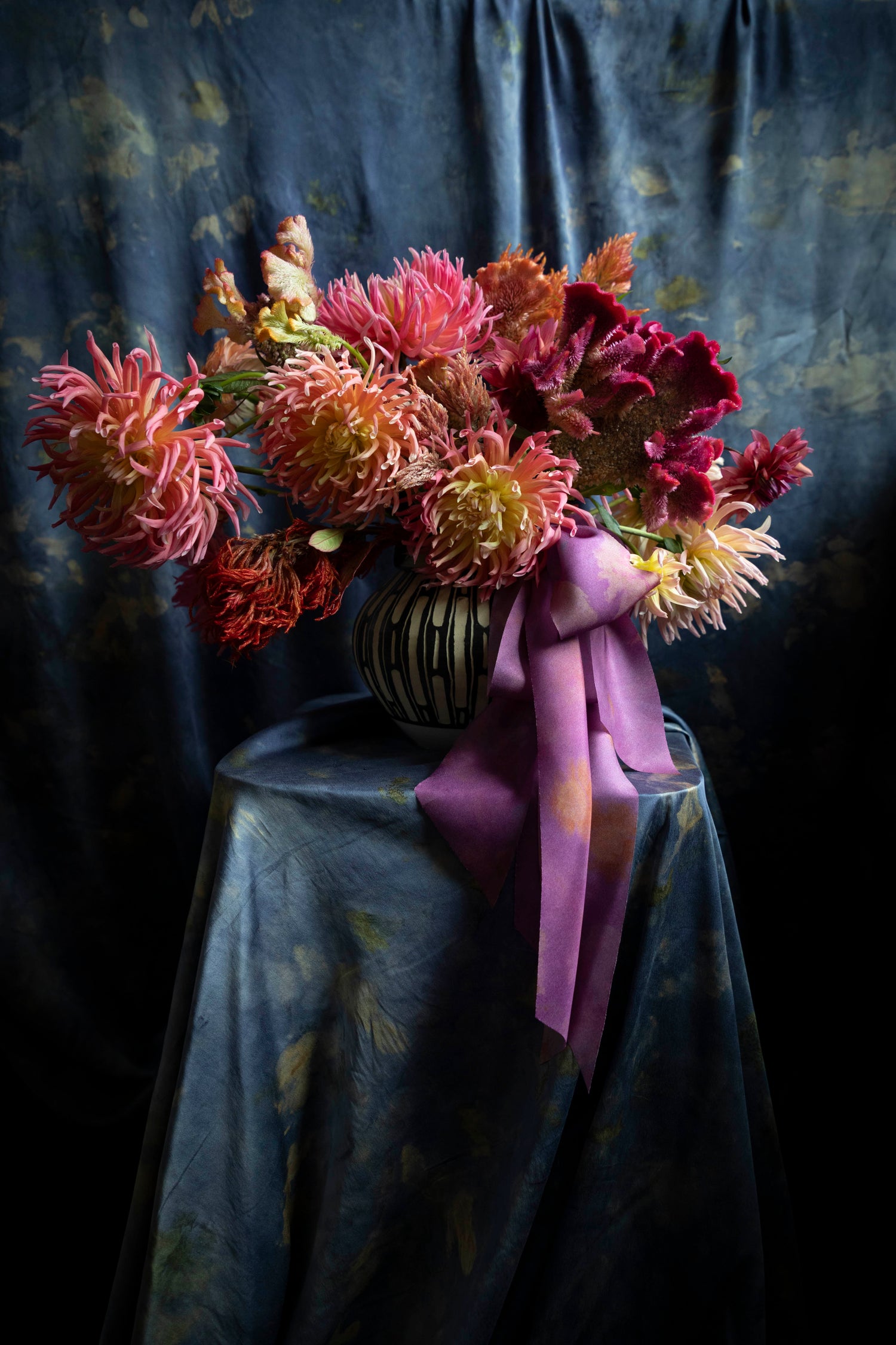 Hot Peony Botanical Print Silk Ribbon