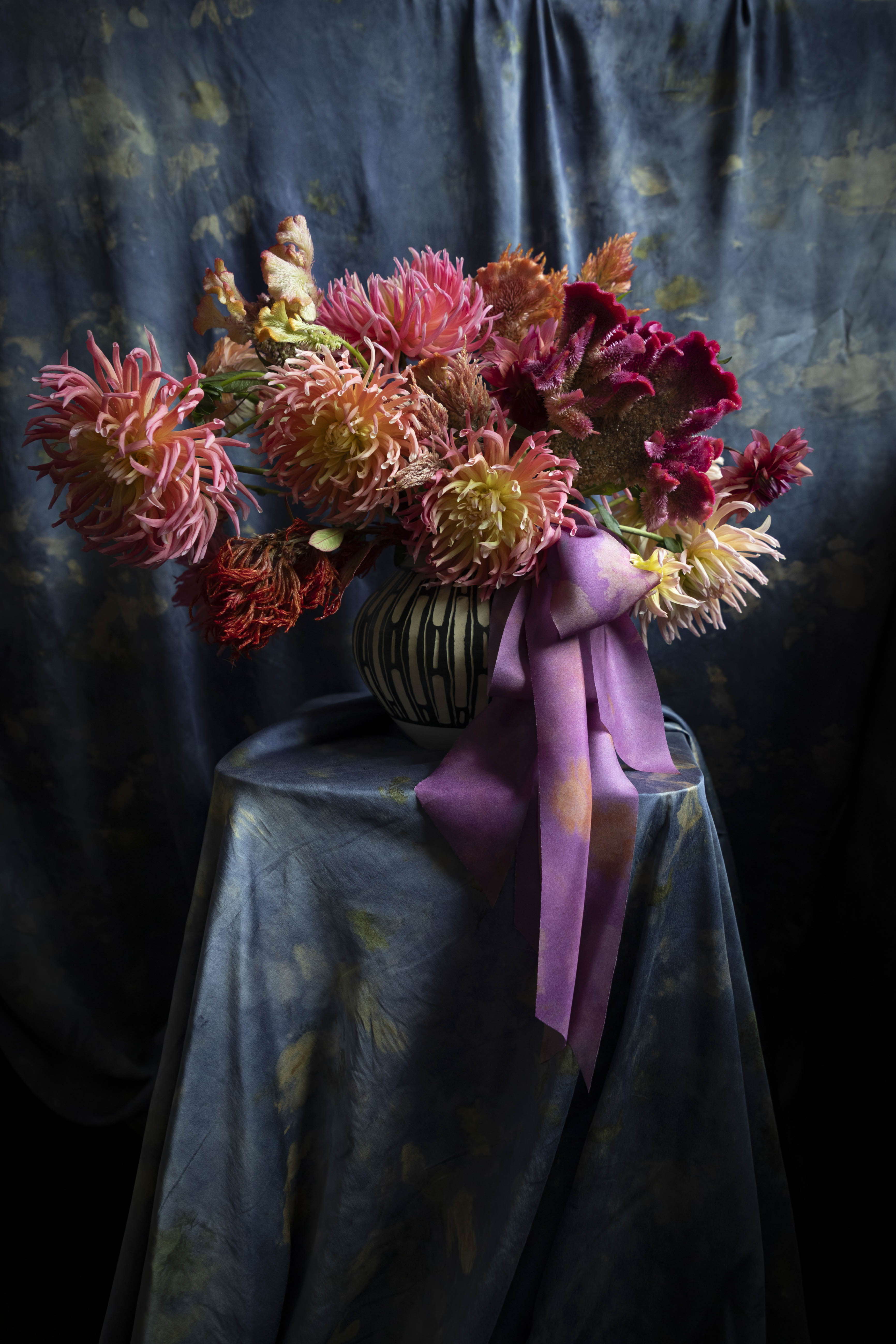 Hot Peony Botanical Print Silk Ribbon