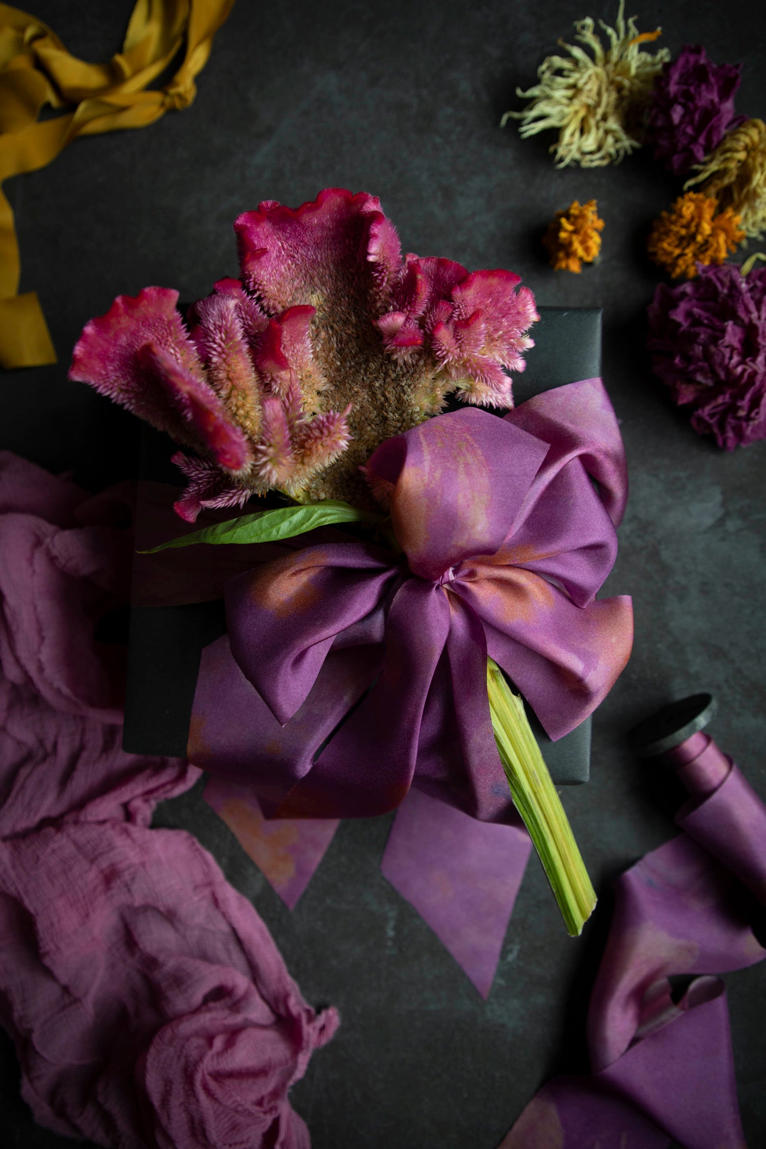 Hot Peony Botanical Print Silk Ribbon