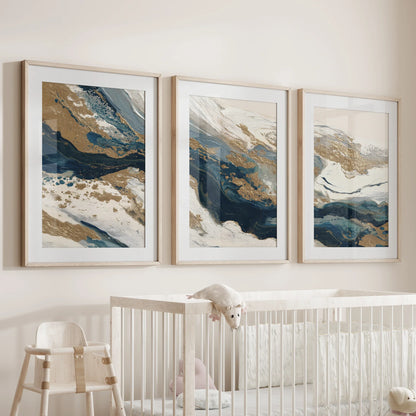 Gold &amp; Blue Brush Strokes. Luxury 3 Piece Abstract Wall Art