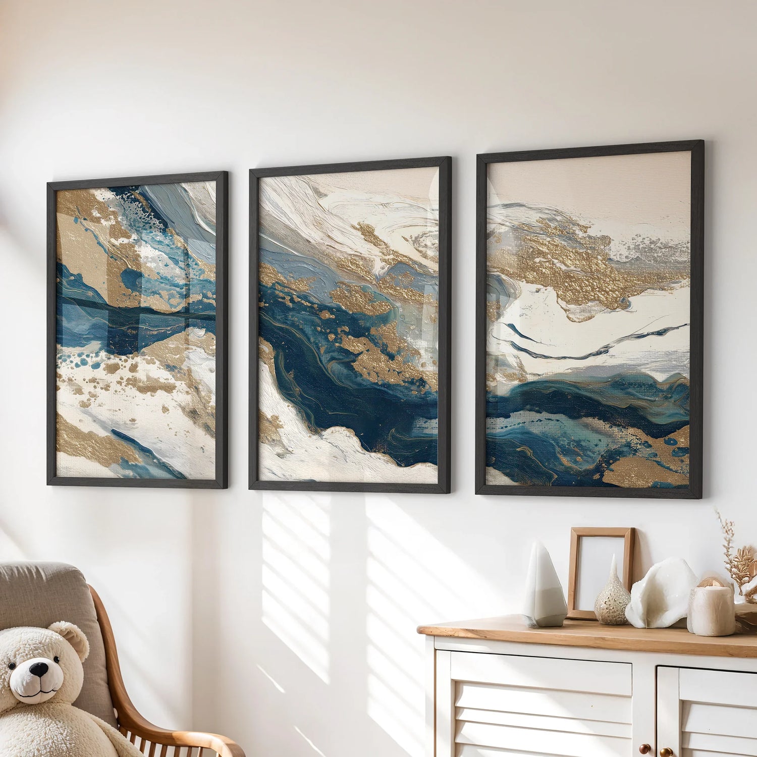 Gold &amp; Blue Brush Strokes. Luxury 3 Piece Abstract Wall Art
