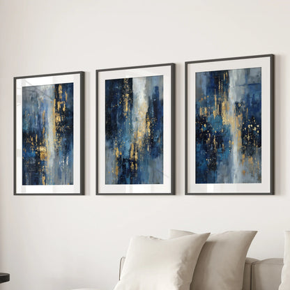 Navy Blue and Gold Triptych. Sparkle Oil Painting Prints