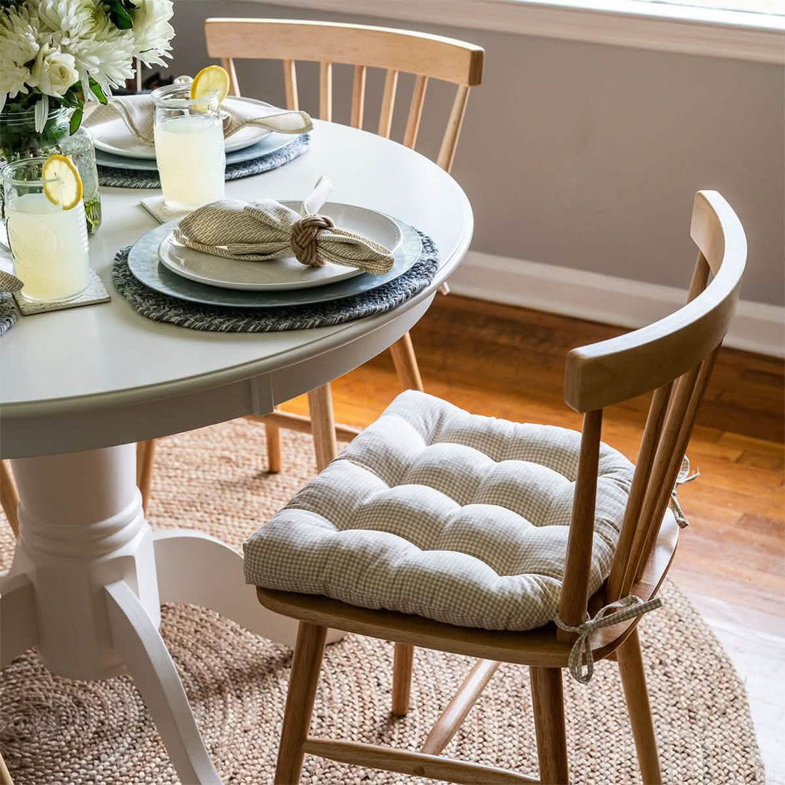 Madrid Natural Gingham Dining Chair Pads - Made in USA - 100% Cotton - Machine Washable
