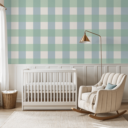 Simply Gingham Large (Green &amp; Blue) Wallpaper