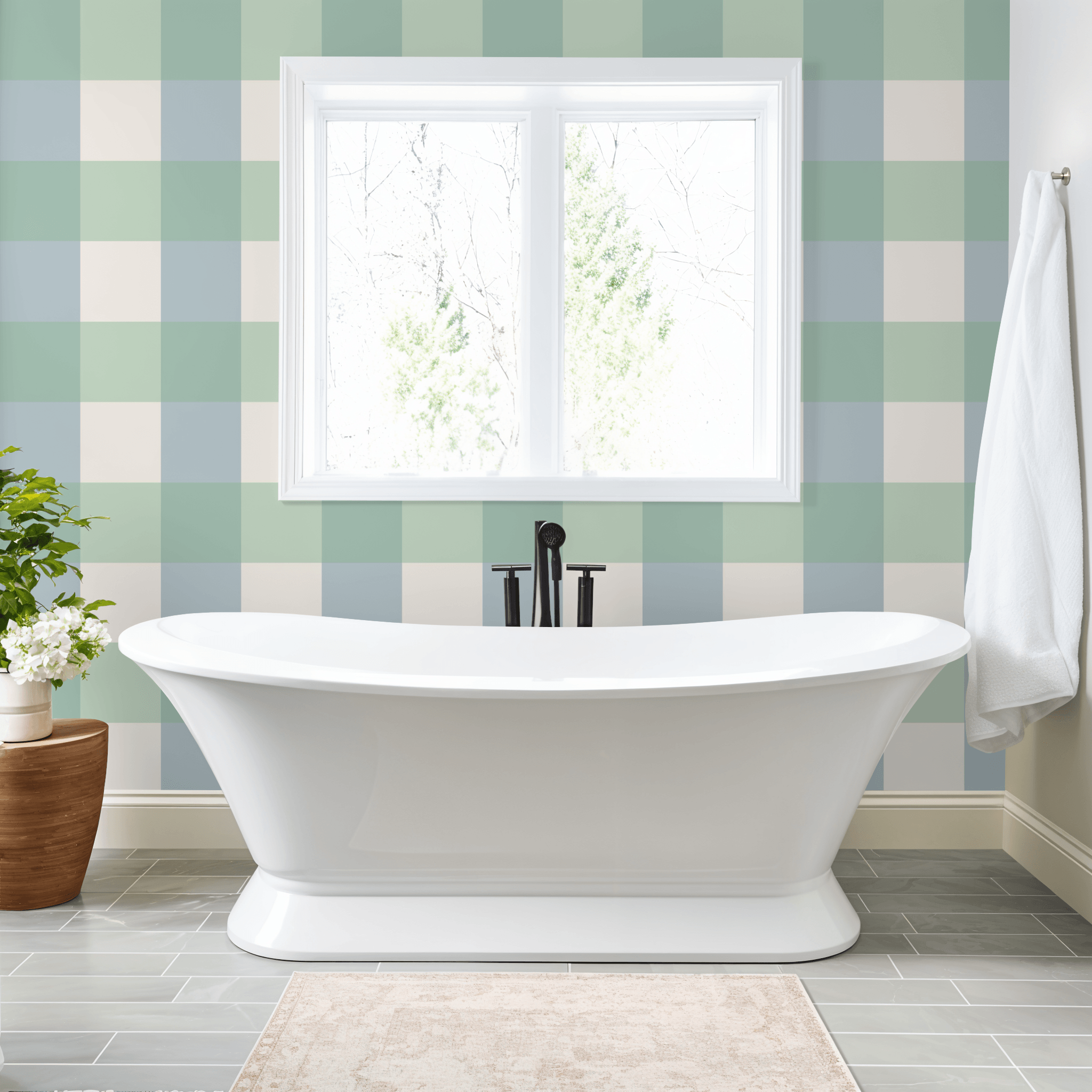 Simply Gingham Large (Green &amp; Blue) Wallpaper