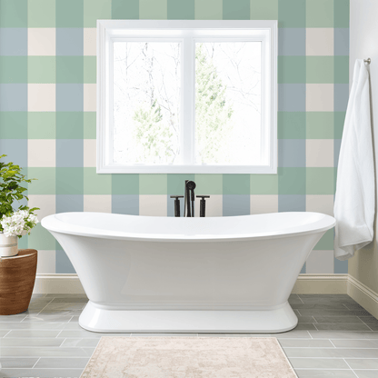 Simply Gingham Large (Green &amp; Blue) Wallpaper