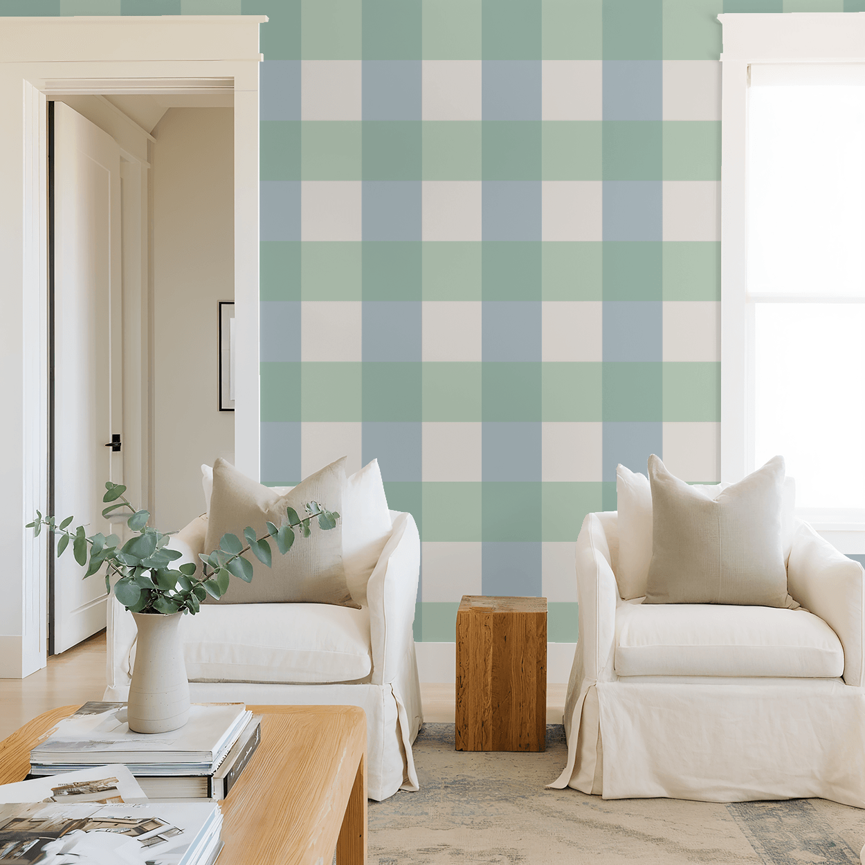 Simply Gingham Large (Green &amp; Blue) Wallpaper
