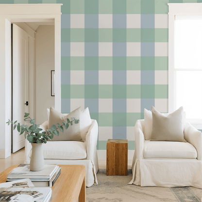 Simply Gingham Large (Green &amp; Blue) Wallpaper