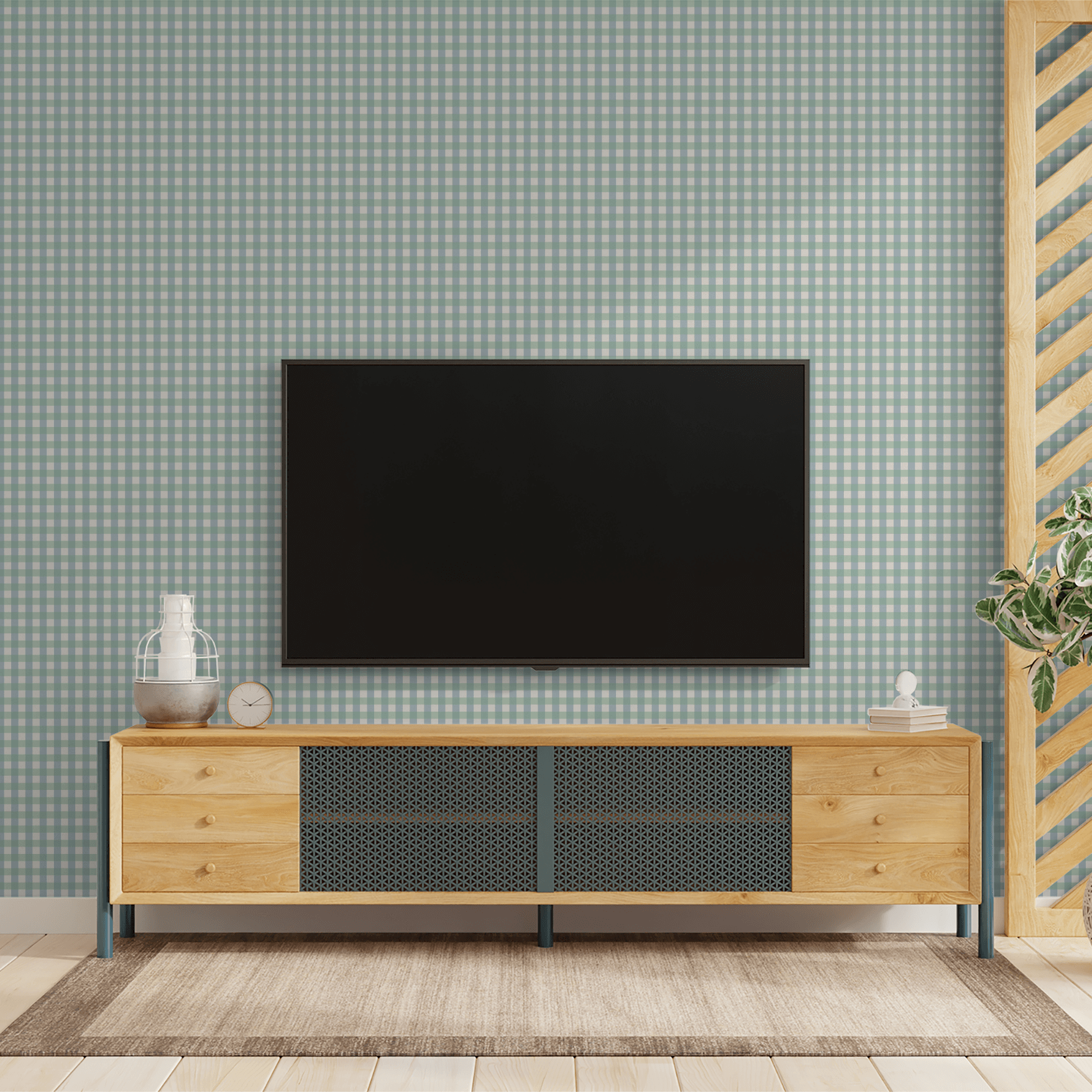 Simply Gingham Small (Green &amp; Blue) Wallpaper