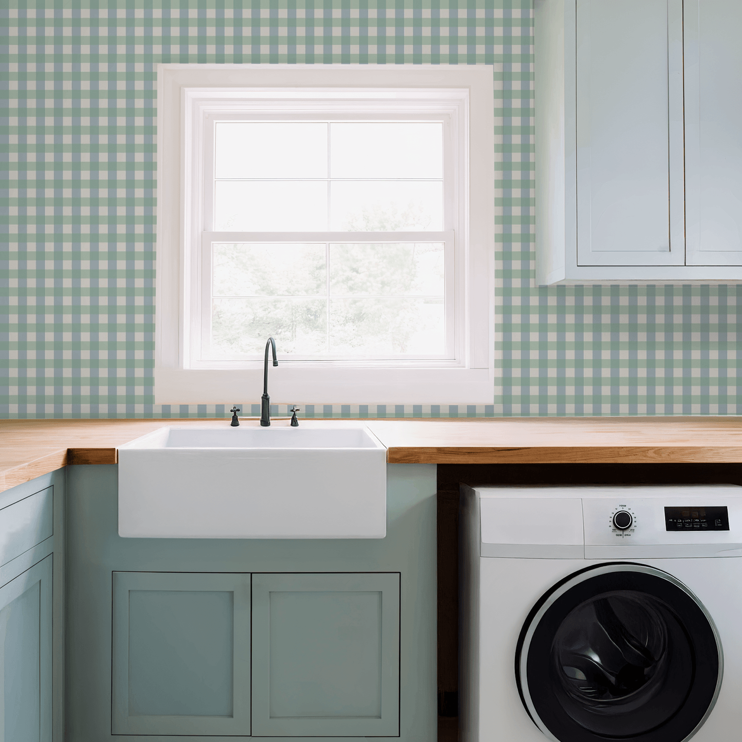Simply Gingham Small (Green &amp; Blue) Wallpaper