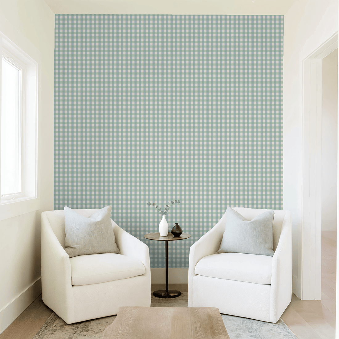 Simply Gingham Small (Green &amp; Blue) Wallpaper