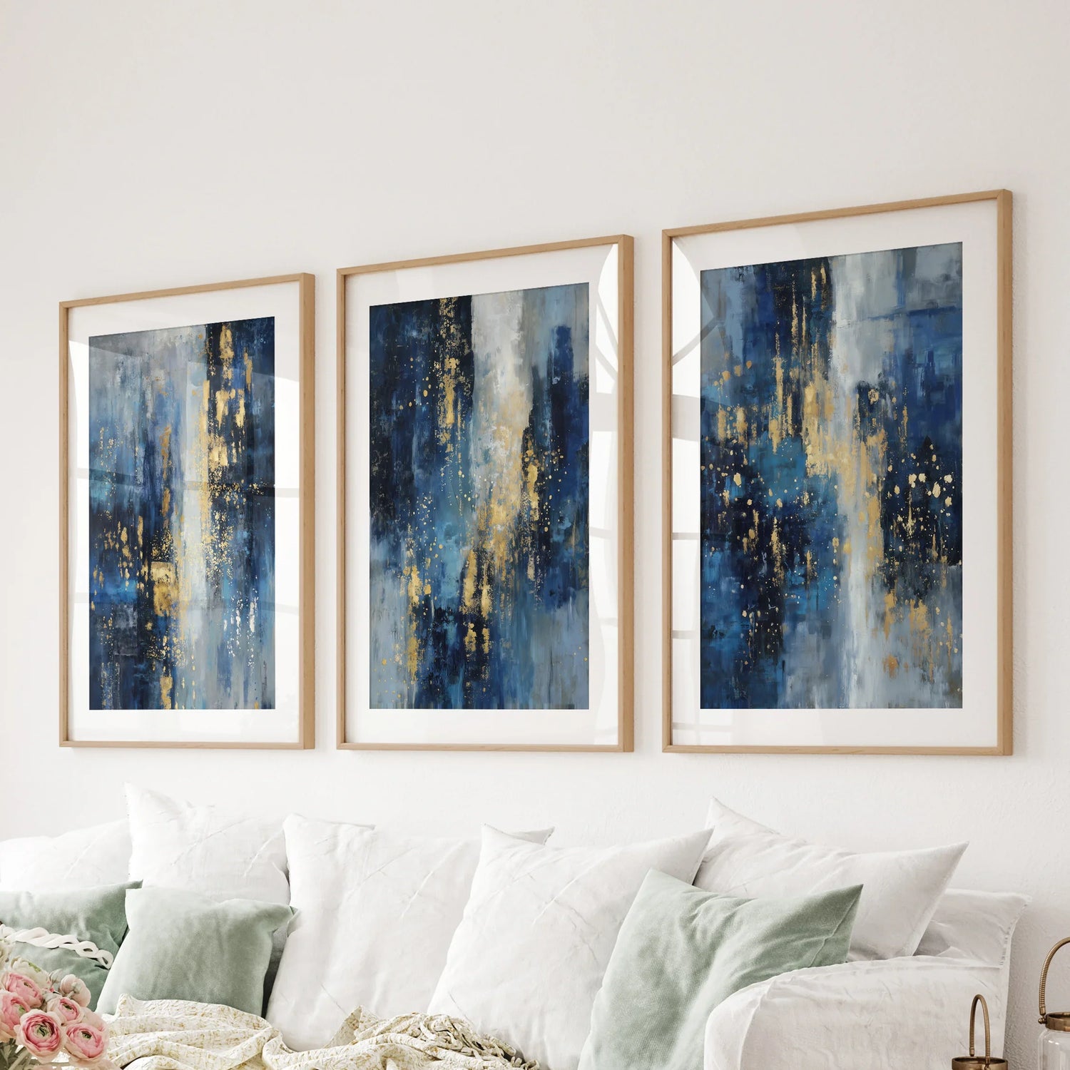 Navy Blue and Gold Triptych. Sparkle Oil Painting Prints
