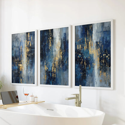 Navy Blue and Gold Triptych. Sparkle Oil Painting Prints