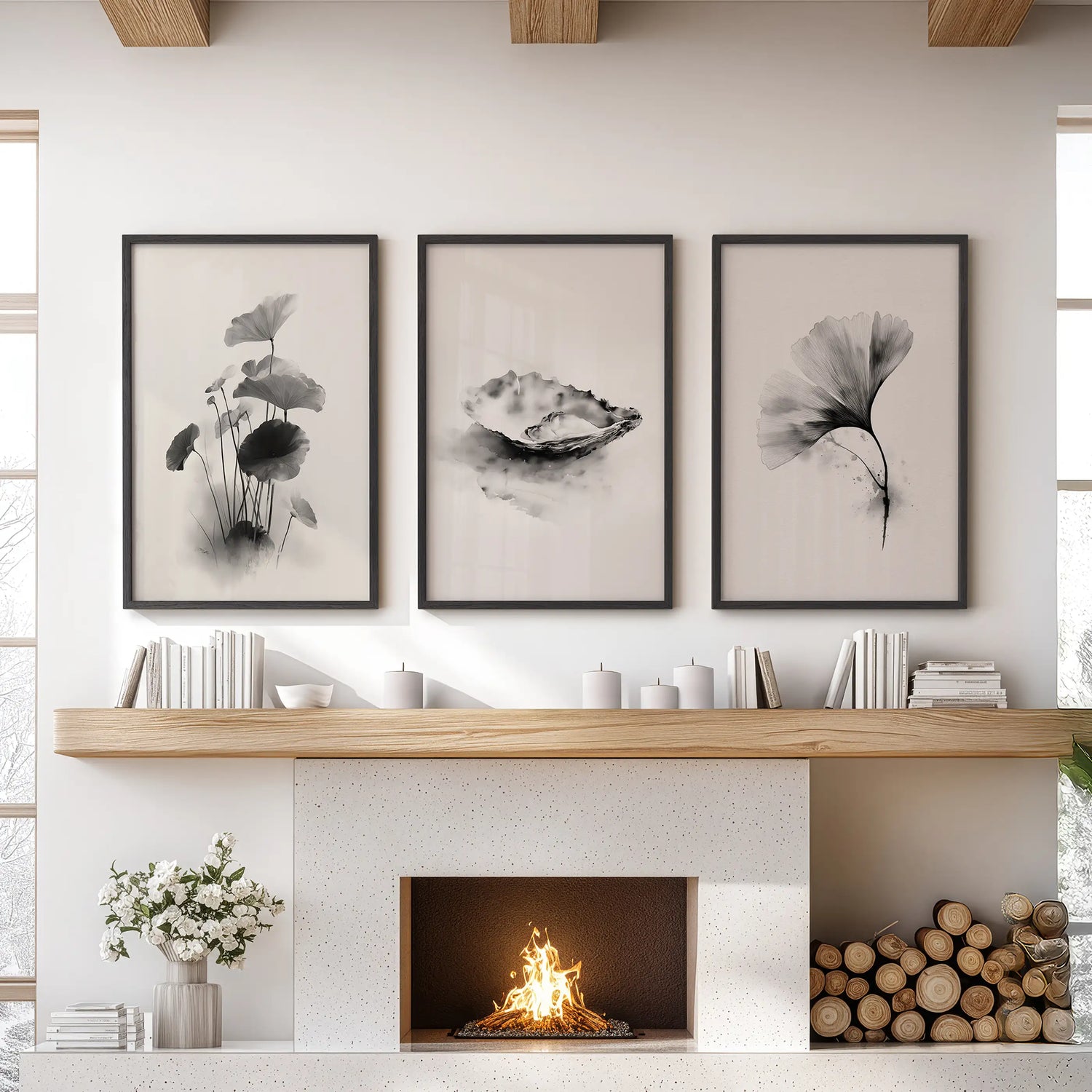 Minimalist Japanese Set of 3 Prints. Black and White Flowers Decor