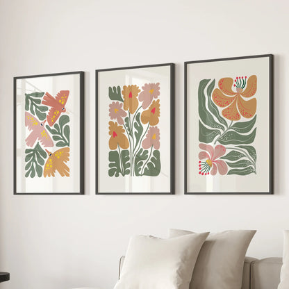 Abstract Botanical Set of 3 Prints. Retro Flower Gallery Art